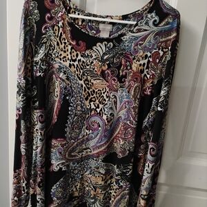 Chico's Pink and Purple Rounded Neckline Long Sleeve Graphic Top